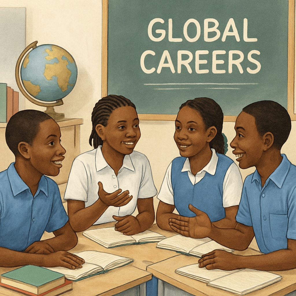 Malian students discussing global career opportunities in a classroom.