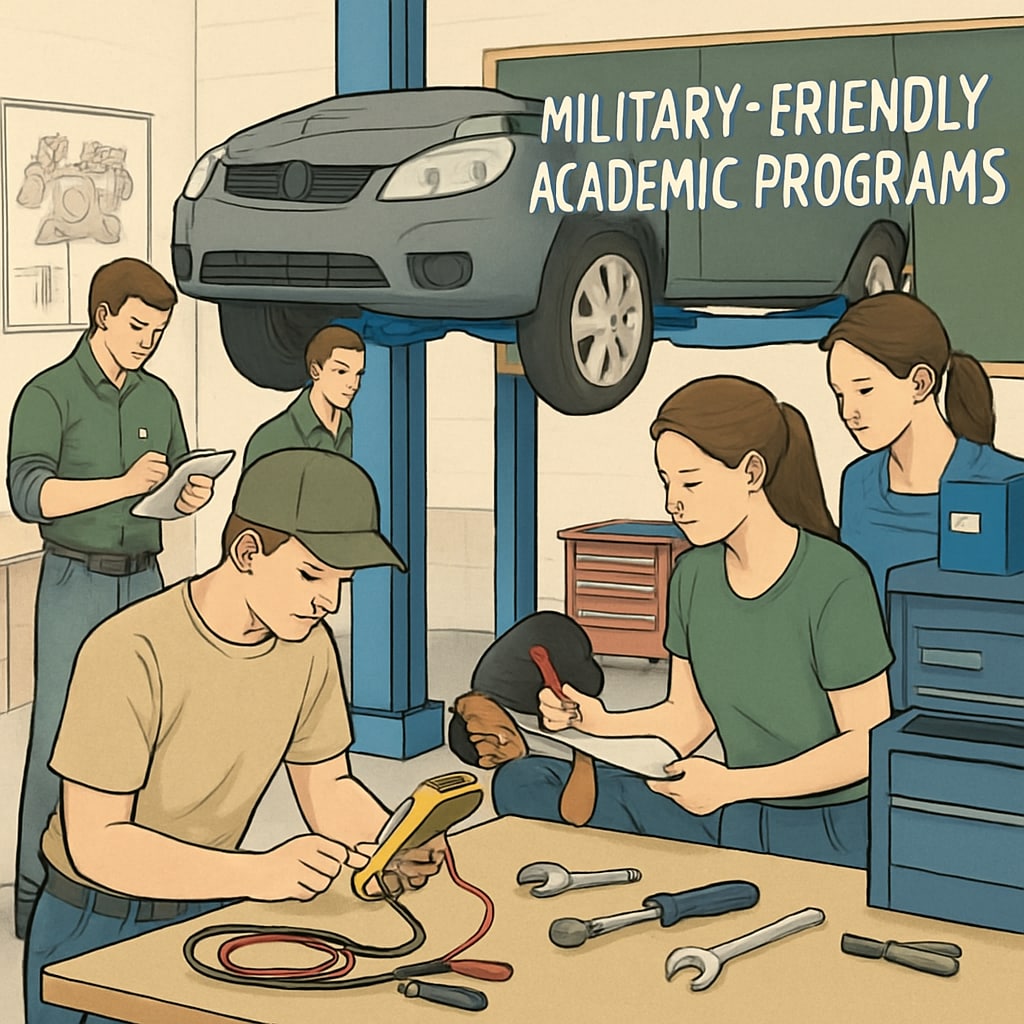 A classroom with students working on automotive technology projects, representing military-friendly academic programs. Students in a classroom working on automotive technology projects, showcasing military-friendly programs.
