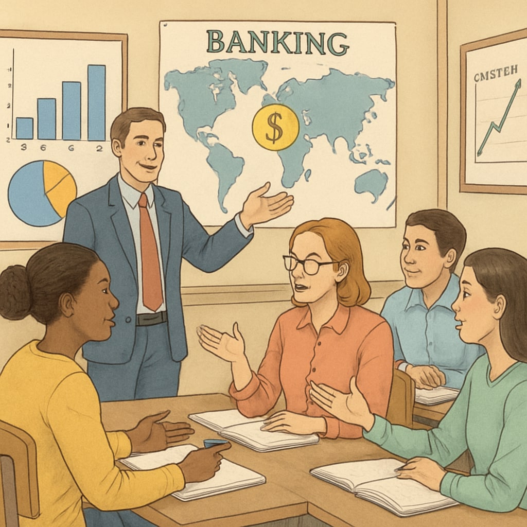 Students participating in a workshop on international banking.