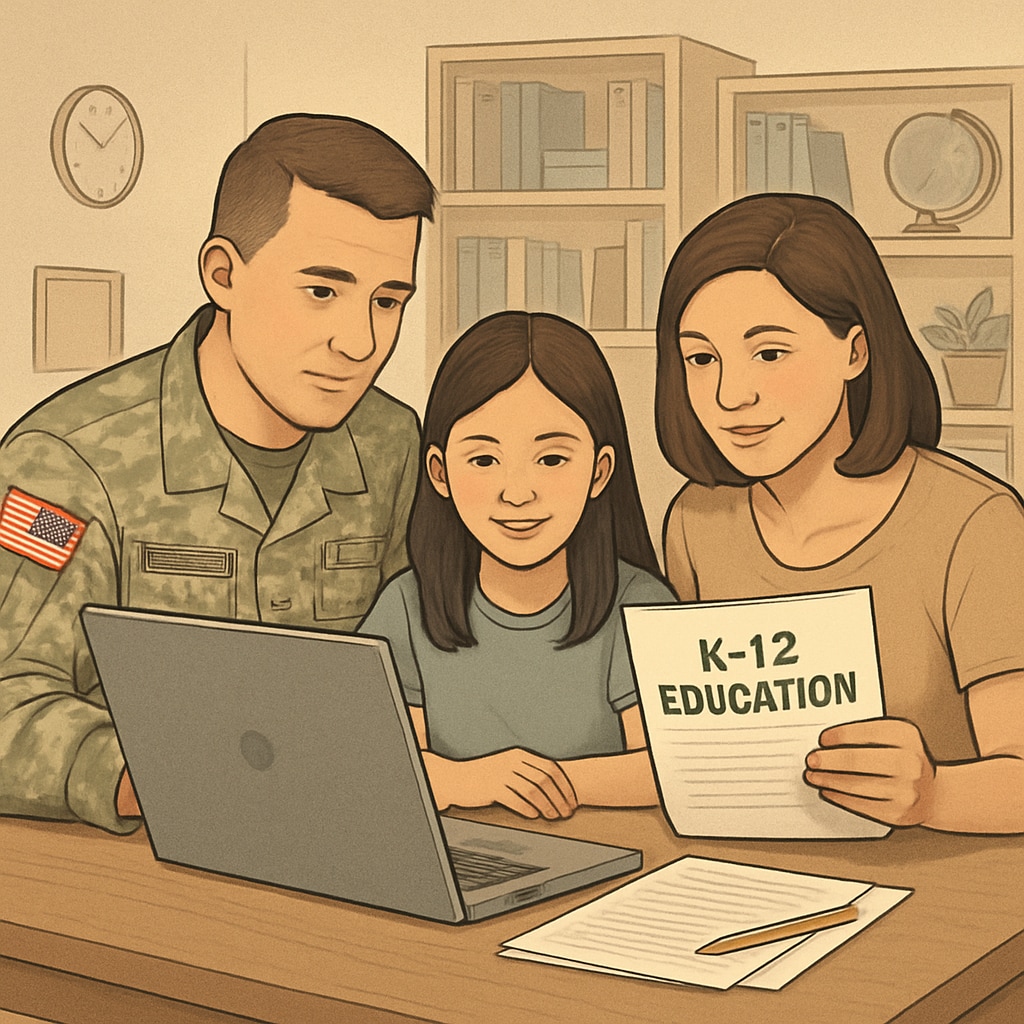 A military family reviewing online education materials together, emphasizing the importance of stability in K12 education. A military family discussing online education resources to ensure stability in their child's K12 education.
