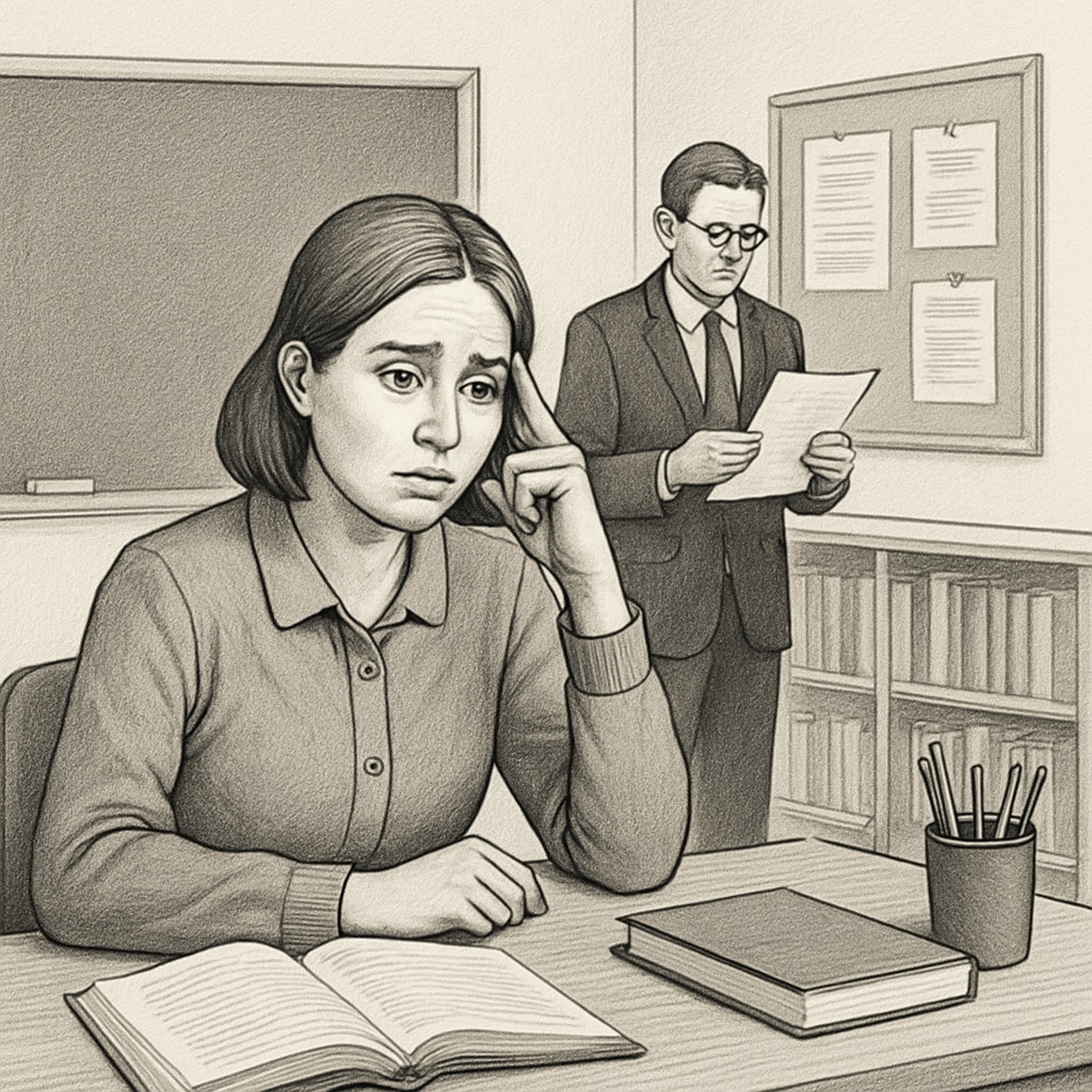 A concerned teacher sits at their desk while a supervisor reviews documents in the background, illustrating the challenges of obtaining a positive reference. A teacher struggling with the