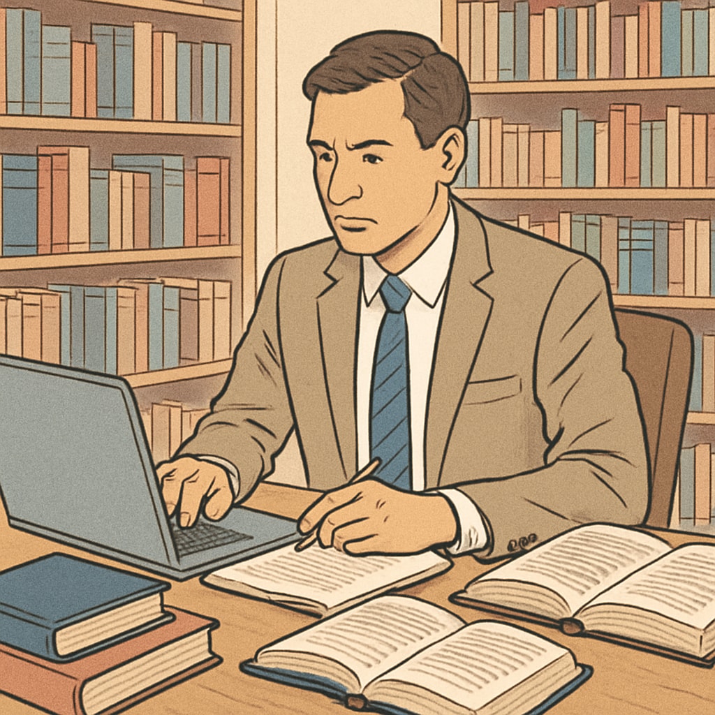 A busy professional working on a laptop in a library, symbolizing the balance between work and study. Professional balancing work and study for master's degree and time management.
