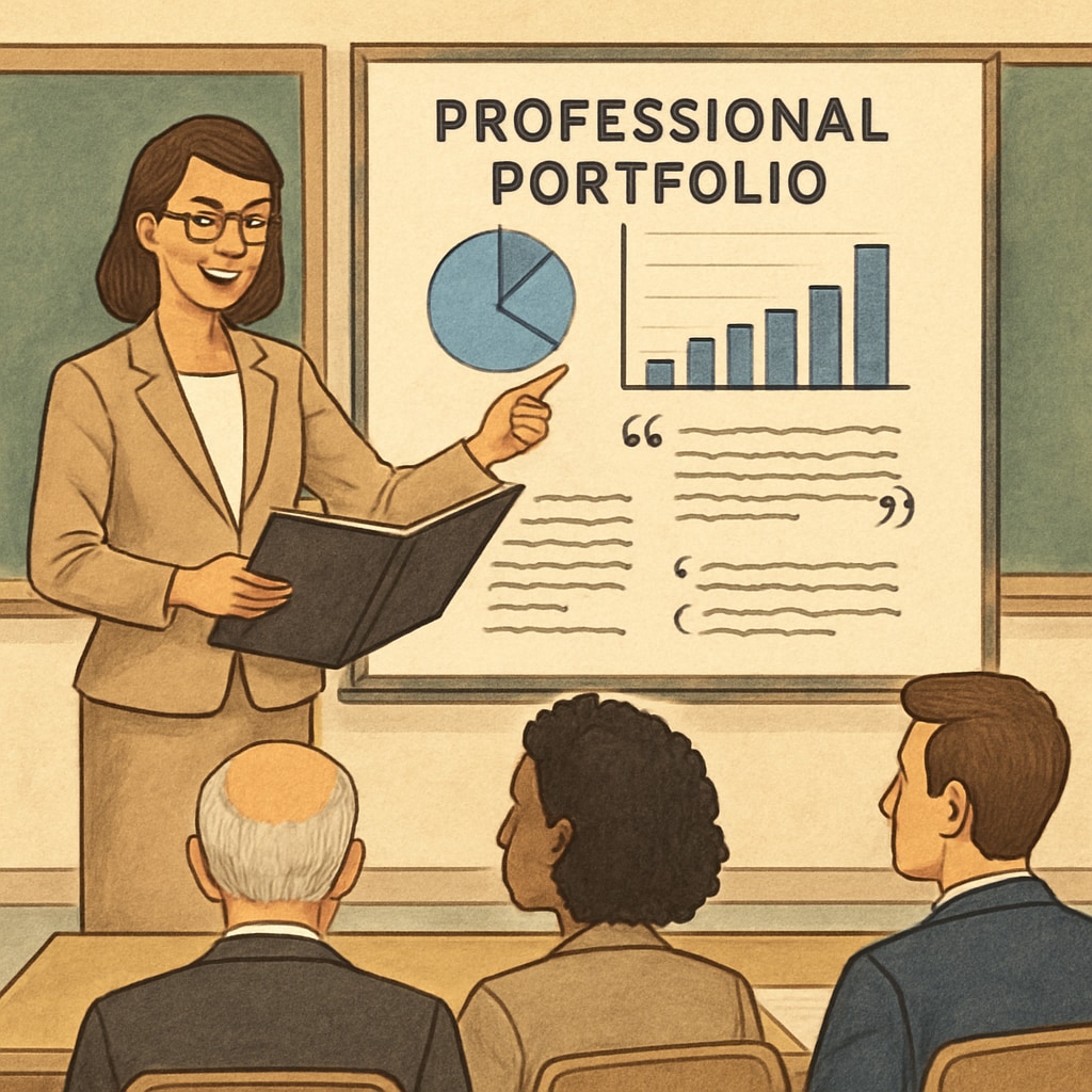 A teacher presenting a professional portfolio to a hiring panel, including charts and testimonials, showcasing their accomplishments despite reference hurdles. A teacher presenting a portfolio as a solution to the