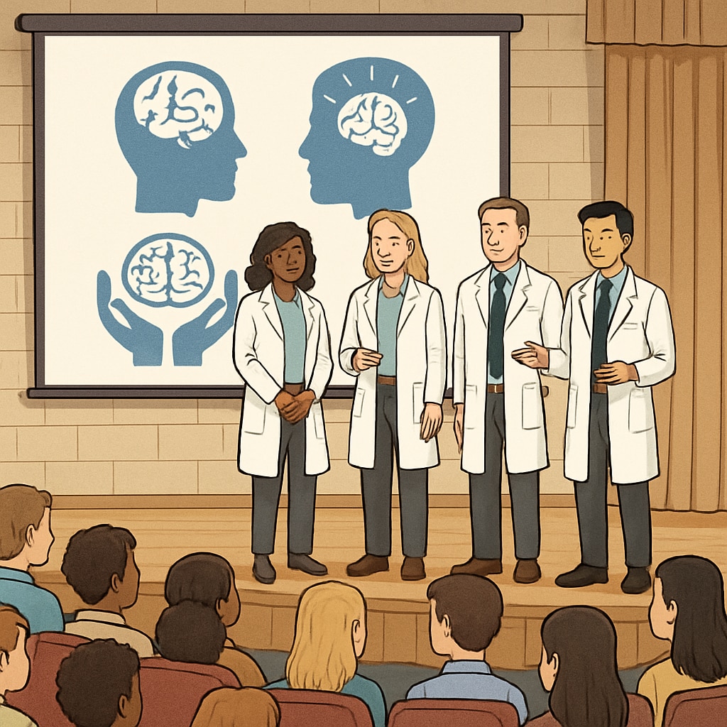 A group of medical students delivering a presentation on mental health in a high school auditorium. Medical students conducting a mental health assembly in a high school.
