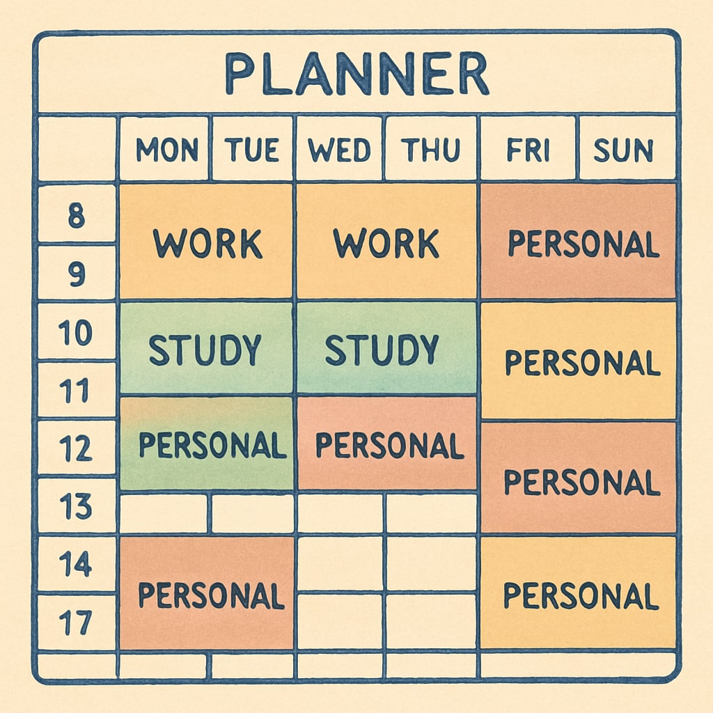 A planner or calendar with color-coded time blocks showing work, study, and personal tasks. Planner showcasing time management strategies for career growth and master's degree pursuit.
