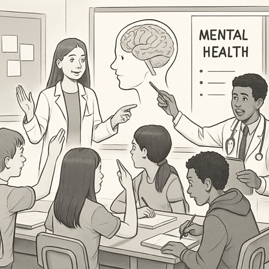 High school students participating in an interactive mental health workshop led by medical students. Students engaging in a mental health workshop activity during a school assembly.