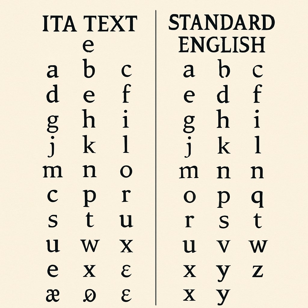Comparison of ITA and standard English text to show phonetic and visual differences.