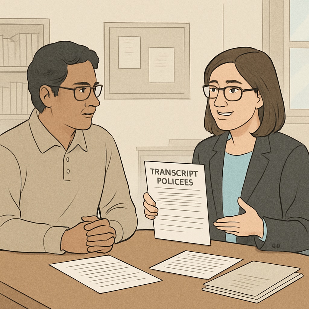 A meeting between a parent and school administrator discussing transcript policies. Parent and school administrator discussing transcript policies amidst unpaid tuition.