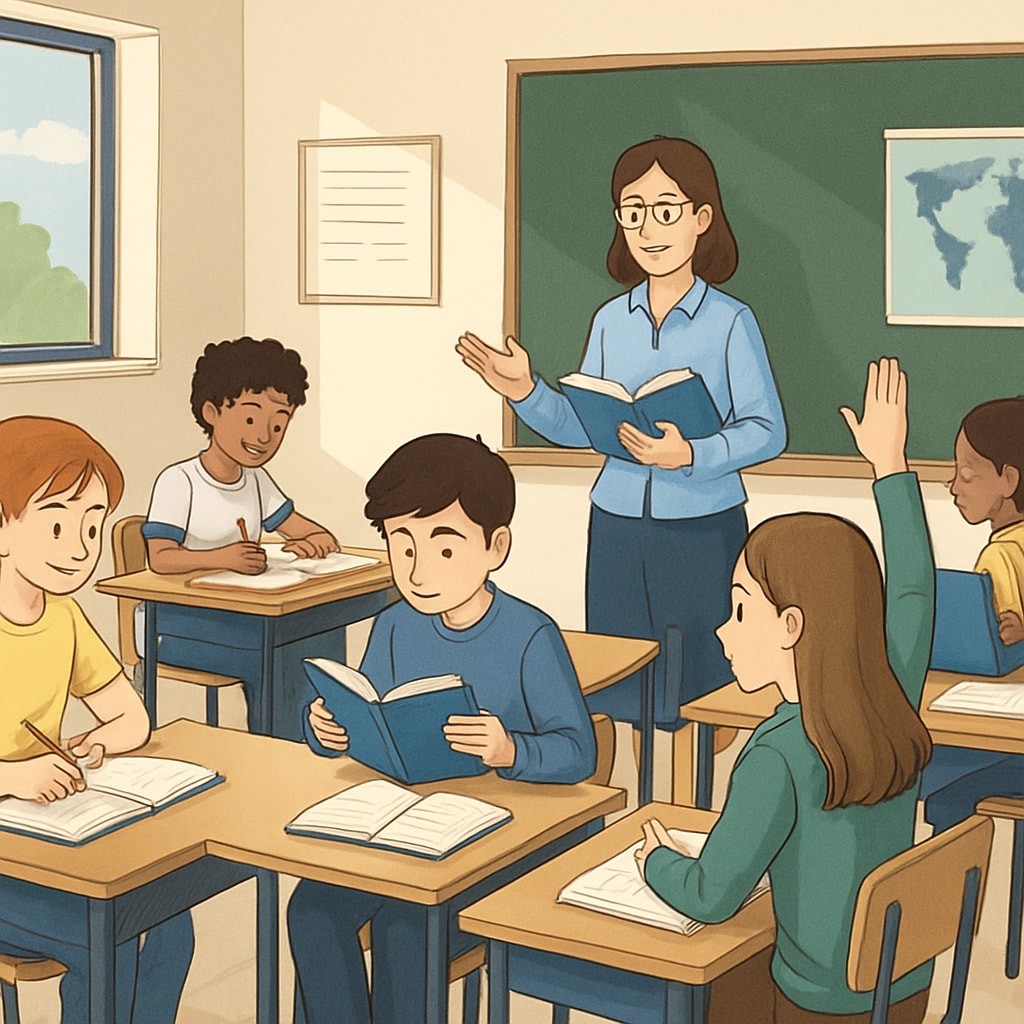 A classroom setting showing students actively engaged in learning, without visible phones. Students focused on learning in a phone-free classroom environment.