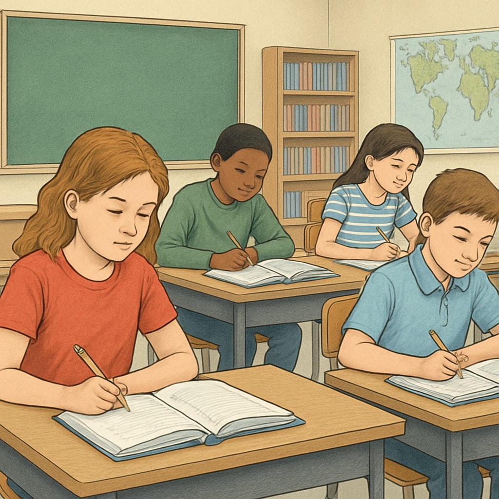 A classroom with students focusing on their work, with no cell phones visible. This image illustrates the environment schools aim to create with cell phone bans. Students in a classroom without cell phones, focusing on their studies.