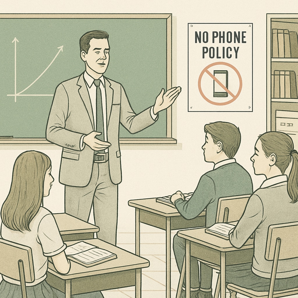 A teacher explaining a concept in a private school classroom, with a visible phone policy poster on the wall. This image highlights the tailored approaches of private schools to the cell phone ban. Private school classroom with a teacher and a phone policy poster visible.