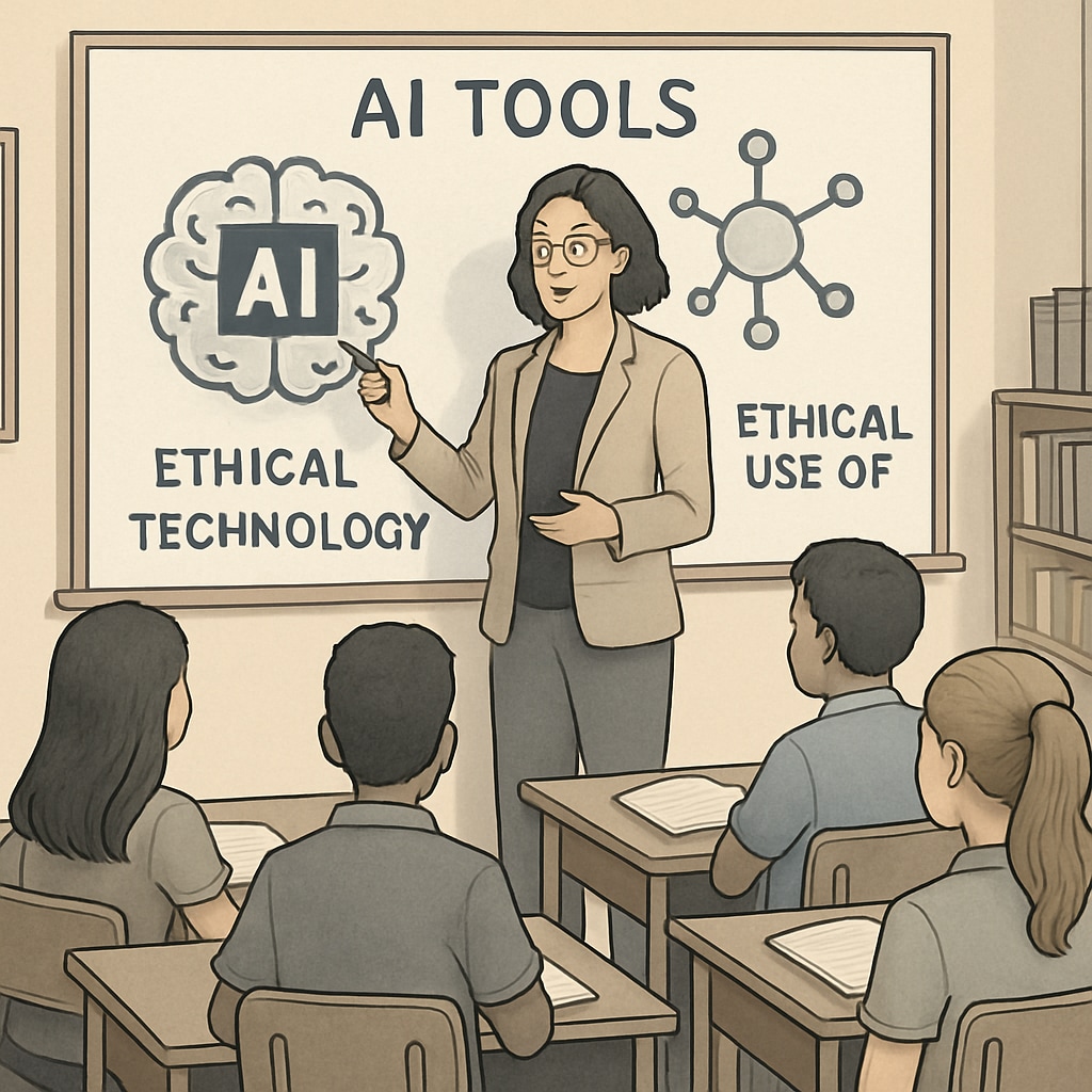 A classroom setting where a teacher explains AI tools to students, emphasizing ethical use. Teacher explaining AI tools and ethical use to students in a classroom.
