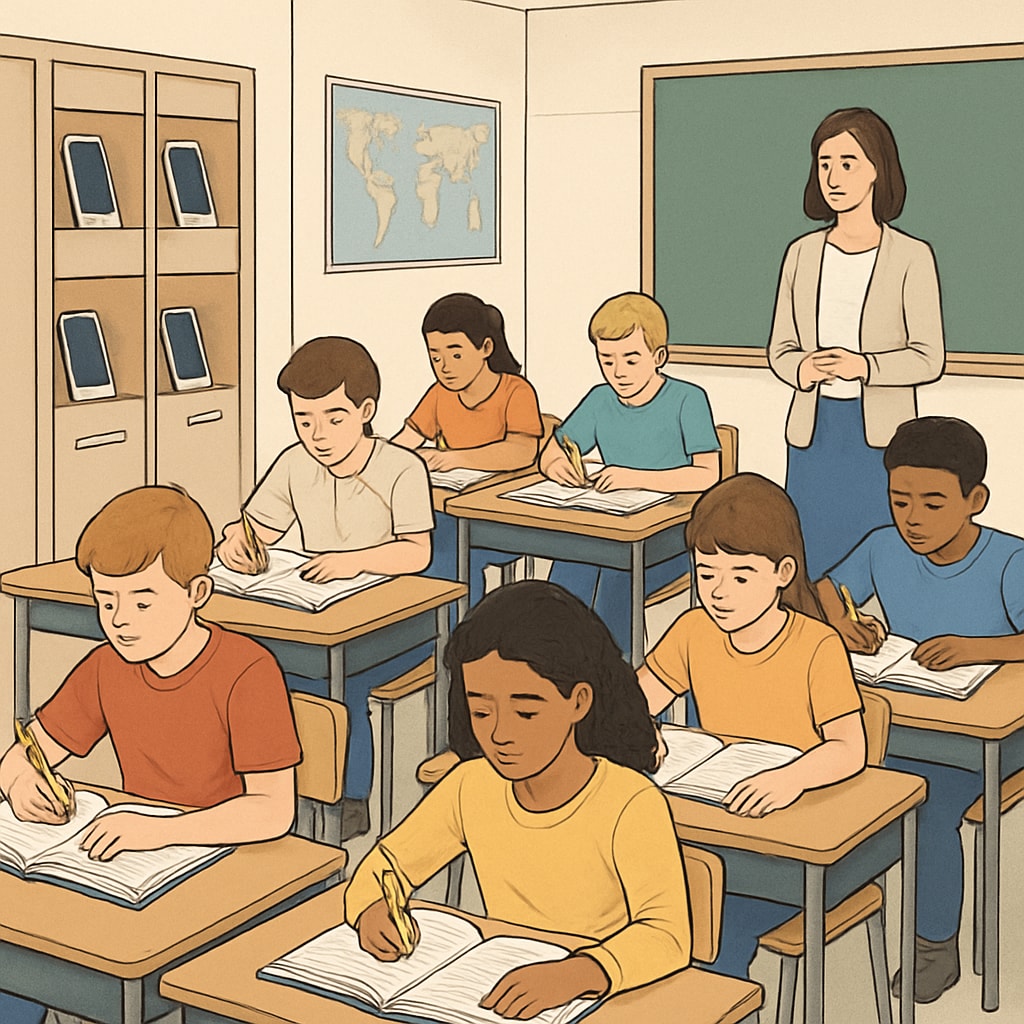 Students focused on learning in a classroom with stored-away smartphones.