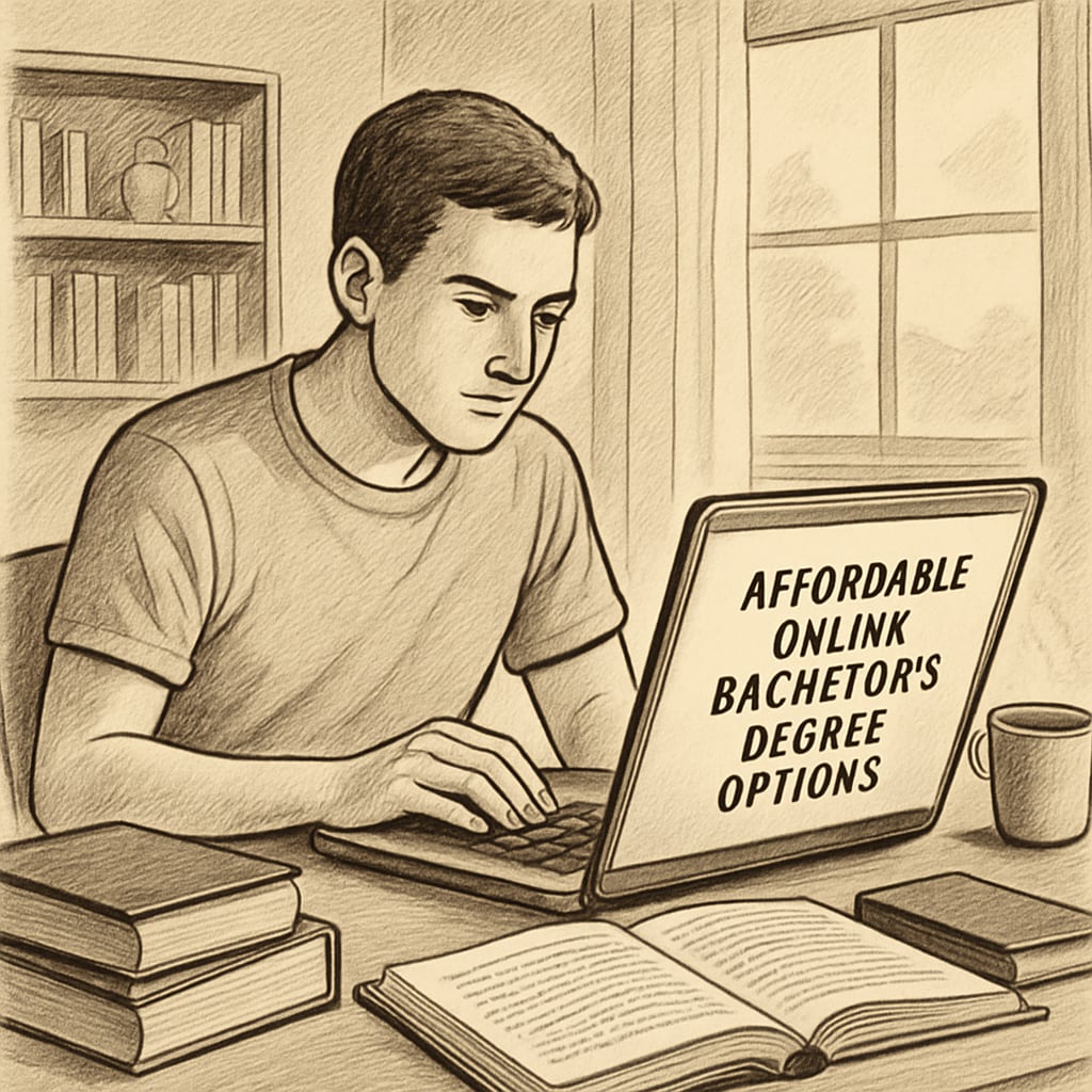 A student working on a laptop at home, researching affordable online bachelor's degree options. A student researching affordable online bachelor's degree options on their laptop.
