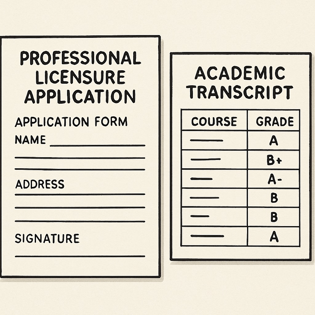 A close-up of a professional licensure application form next to an academic transcript. Professional exam application with academic transcript.