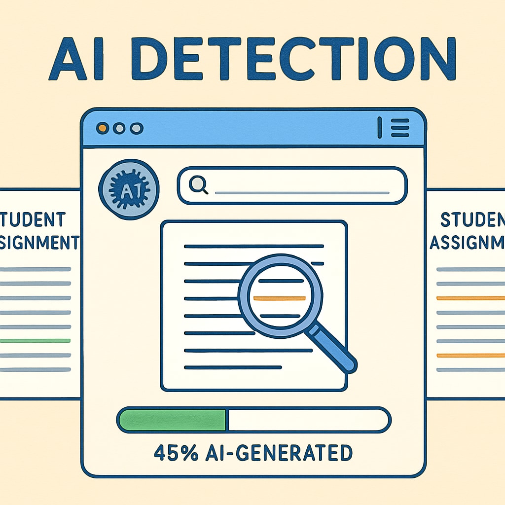 A visual representation of an AI detection tool interface, scanning student assignments. AI detection tool scanning student assignments for originality.