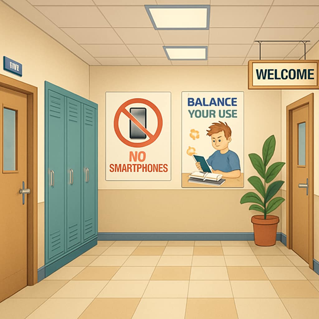School hallway showing balanced smartphone usage signage.