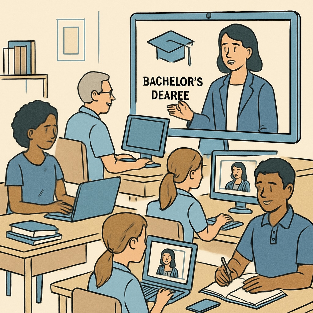 A virtual classroom session with diverse students participating in an online bachelor's degree program. A virtual classroom for students enrolled in an online bachelor's degree program.