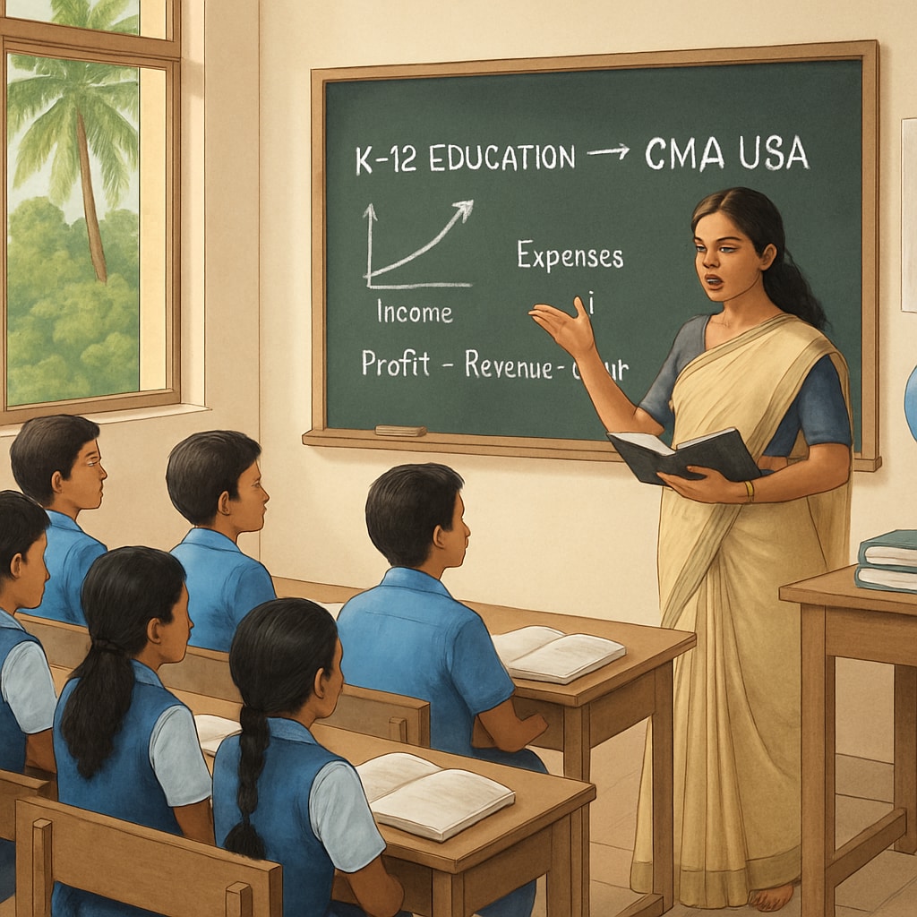 Kerala students learning financial concepts as part of K12 education tied to CMA USA career paths.