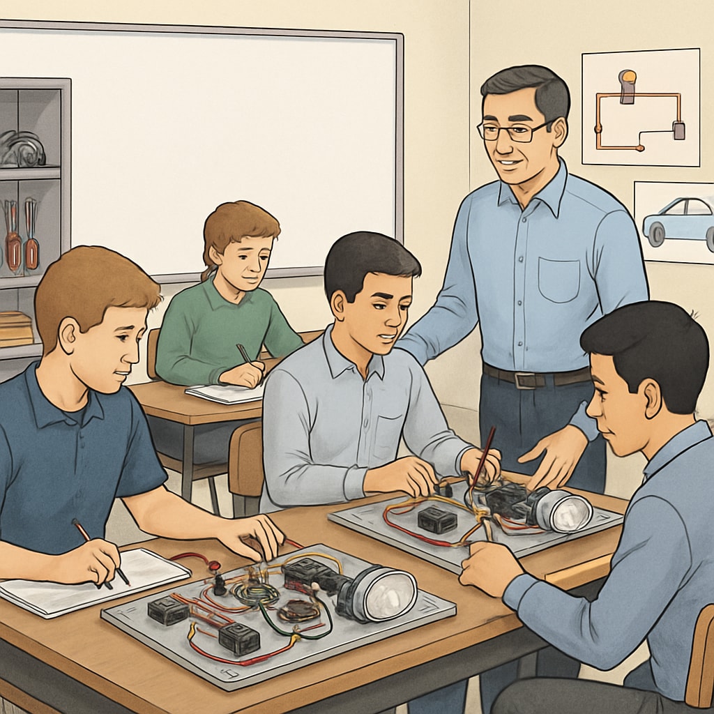 A classroom setting where students are working on electrical circuit boards under the supervision of a teacher. The students are engaged in activities relevant to automotive electrical systems. Students learning electrical systems related to automotive industry in a classroom setting.