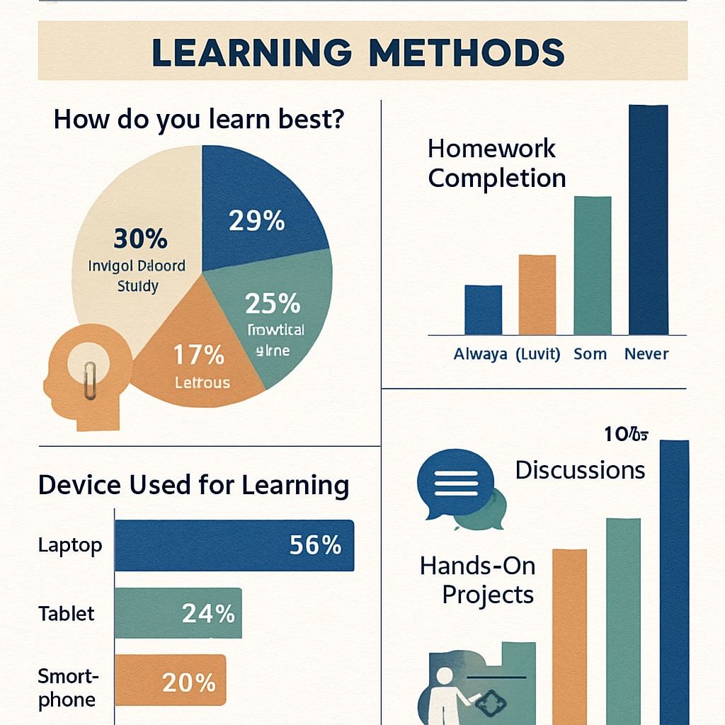 Infographic illustrating educational survey results and the impact of learning methods.