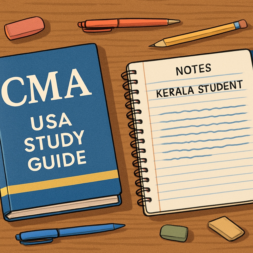 Study guide for CMA USA alongside Kerala student’s notes, emphasizing preparation for global careers.