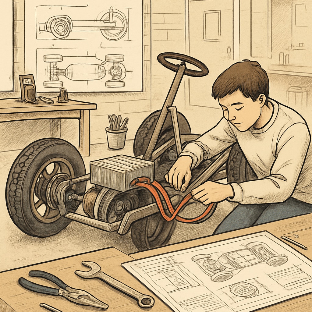 A student working on an electric vehicle prototype during a school workshop. The image highlights hands-on learning in a practical environment. K12 students gaining hands-on experience with electric vehicle prototypes.