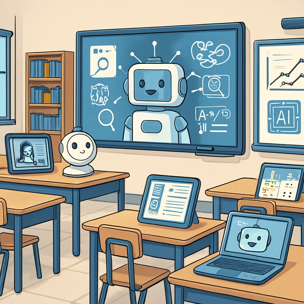 A classroom equipped with AI-driven learning tools, showing the integration of technology into education. AI education applications and technology in a modern classroom