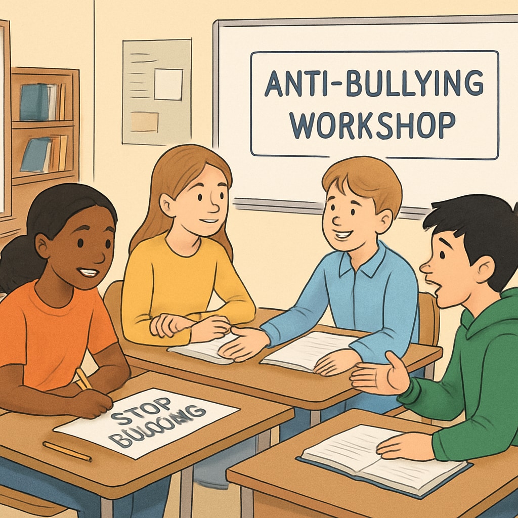 A group of students participating in an anti-bullying workshop, demonstrating active engagement and collaboration. Students in an anti-bullying workshop, discussing and engaging in collaborative activities.