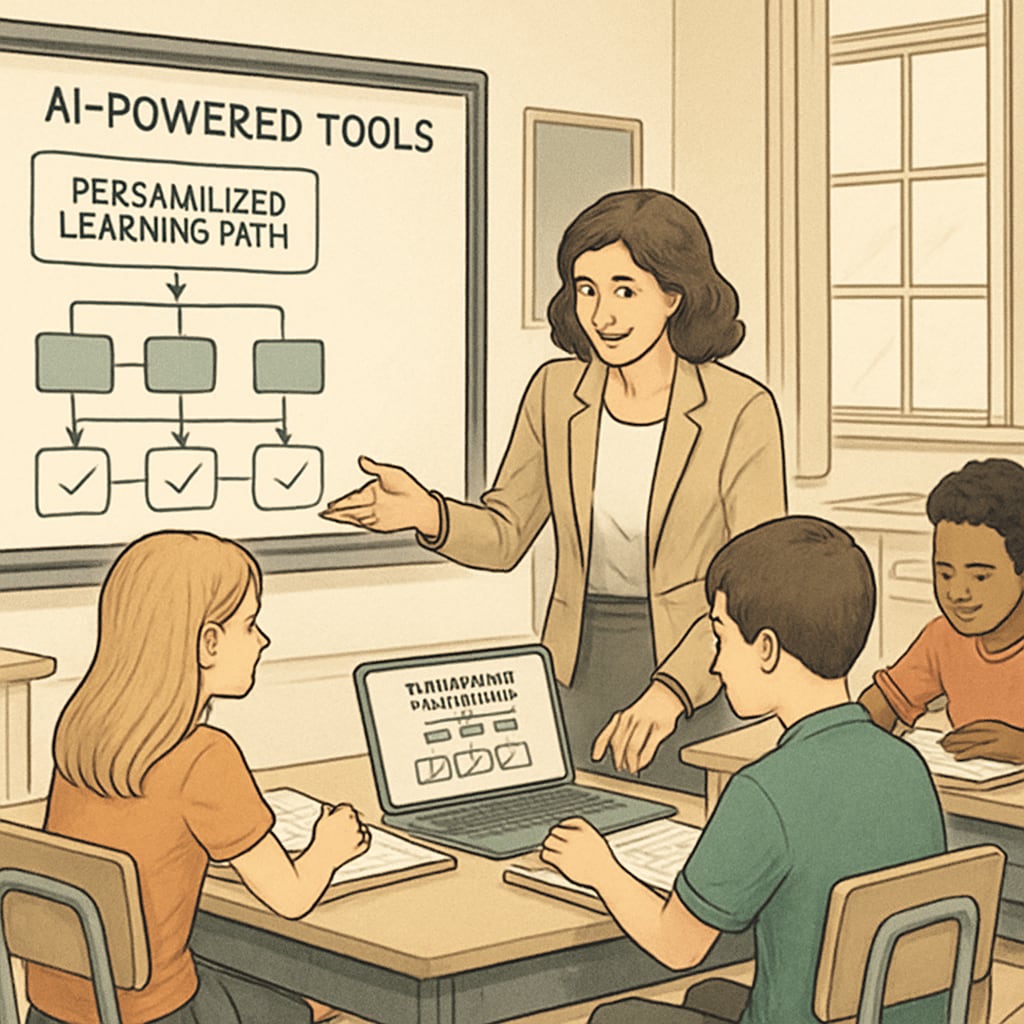 A teacher working alongside students while AI-powered tools display personalized learning paths on screens. The image highlights the integration of technology into classroom teaching. Teacher assisting students with AI-powered personalized learning tools.
