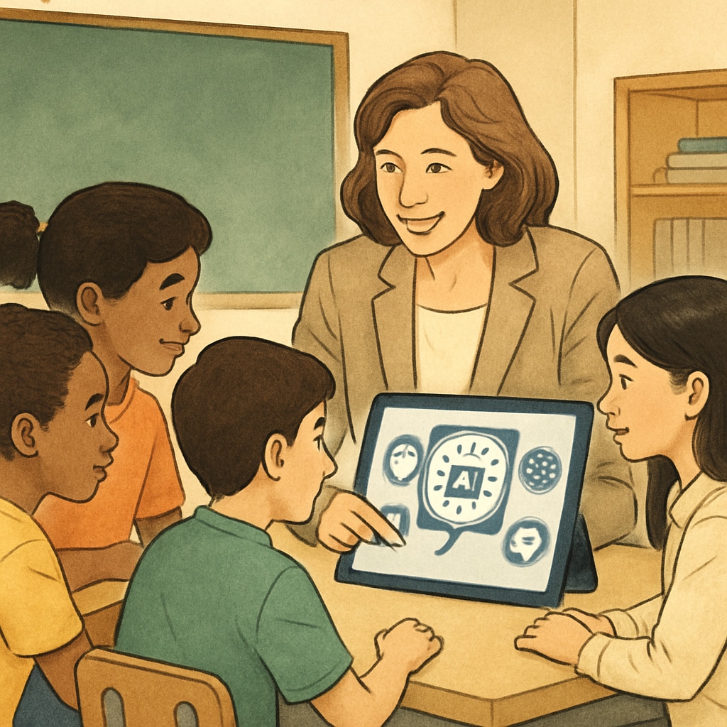 A teacher interacting with students while leveraging AI tools, highlighting the importance of human connections in education. Teacher using AI tools to enhance student engagement
