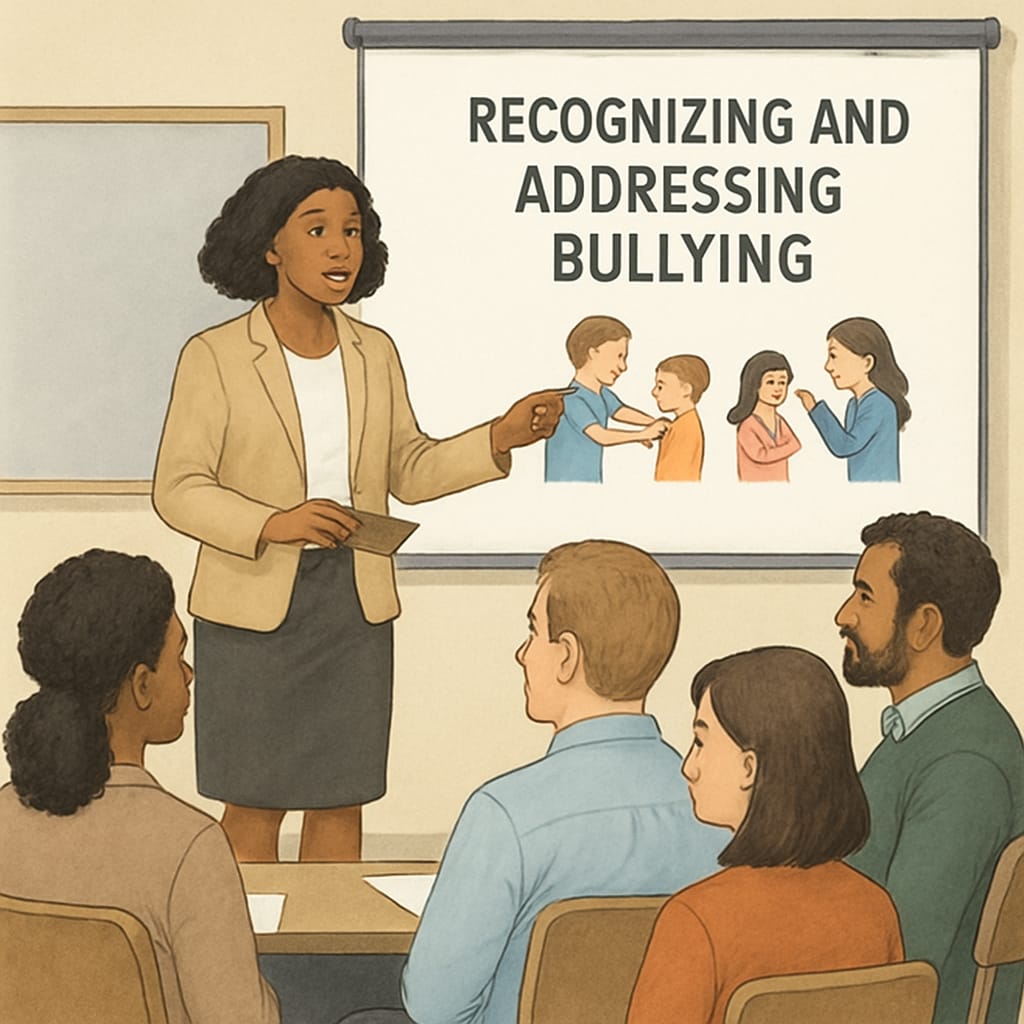 A teacher conducting a training session for staff on recognizing and addressing bullying behaviors. A teacher leading a training session on anti-bullying strategies for school staff.