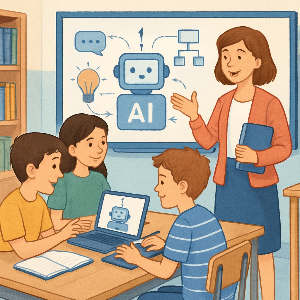 A classroom equipped with interactive AI technology, with a teacher guiding students on collaborative projects. The image emphasizes the role of educators in fostering collaboration and creativity. Interactive AI classroom with teacher facilitating group projects.