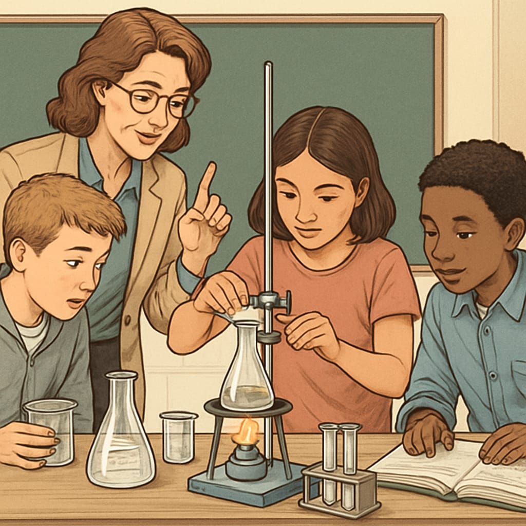 A teacher leading a hands-on science experiment with middle school students in a classroom setting. Middle school science teacher conducting an experiment with students.