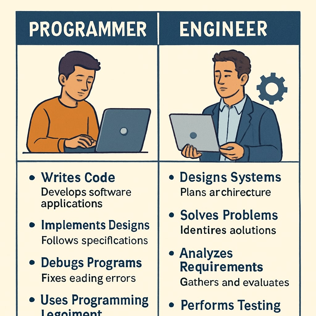 A comparison chart showing the roles and responsibilities of programmers and engineers in the tech industry. Roles and responsibilities of programmers and engineers explained in a chart.