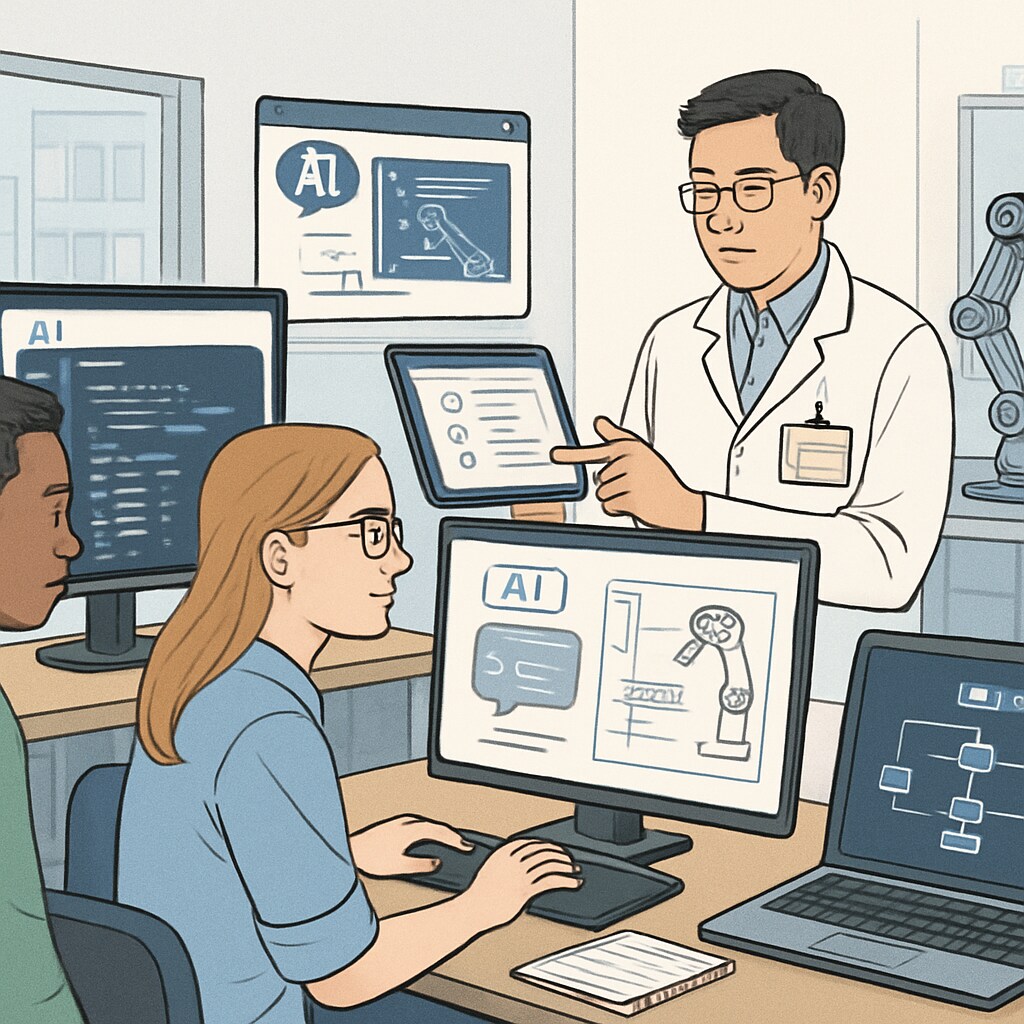A futuristic illustration of AI tools assisting programmers and engineers in their work environments. AI tools helping programmers and engineers in a modern workspace.