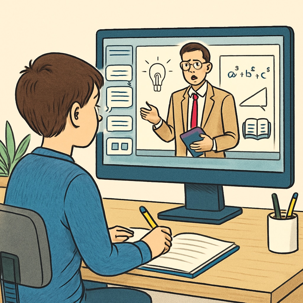 Student attending an online public school class with a teacher on-screen.