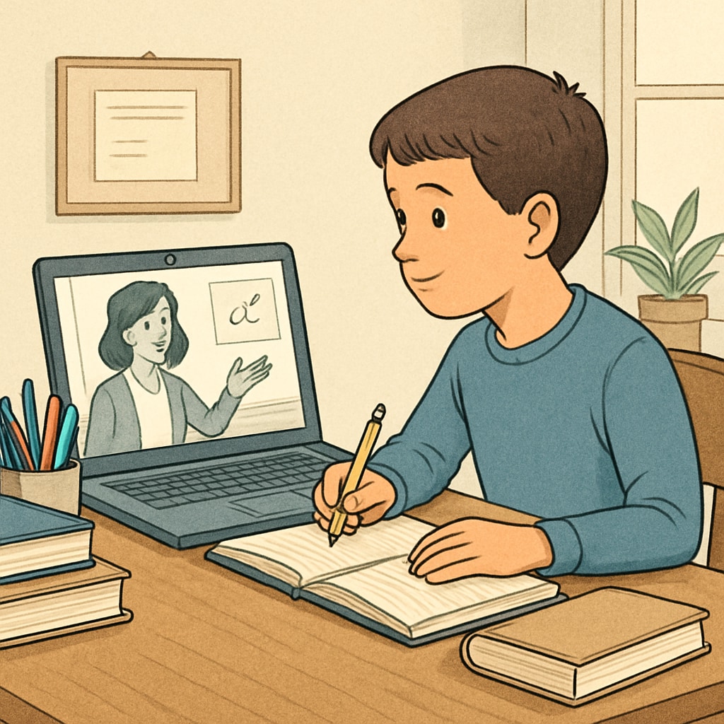 A student participating in an online class as part of public online schooling.