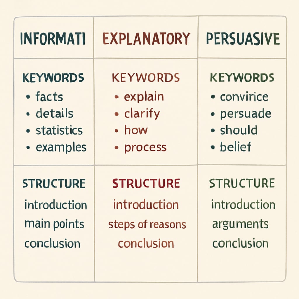 Illustration explaining the differences between informational, explanatory, and persuasive texts, including examples of keywords and structural elements. Diagram showing the differences between informational, explanatory, and persuasive texts.