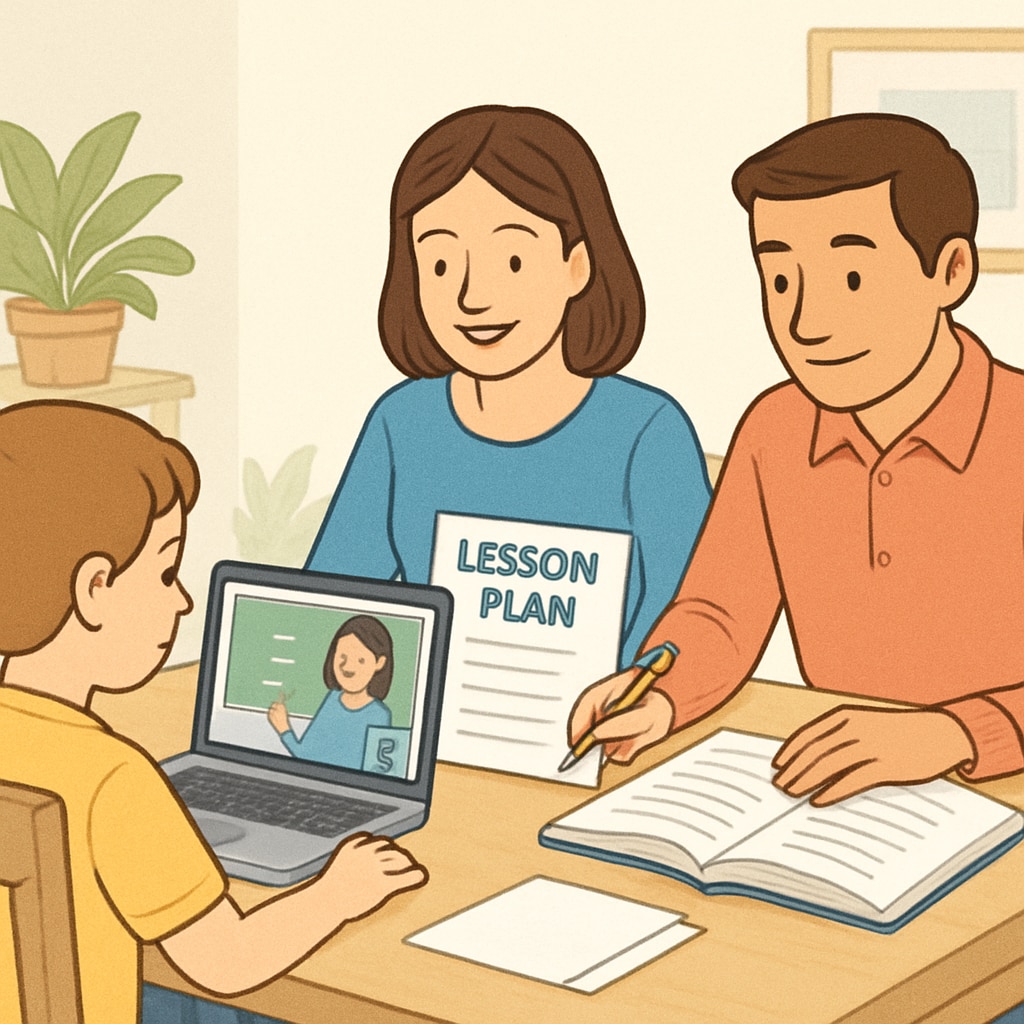 Family supporting a child with online public school education at home.