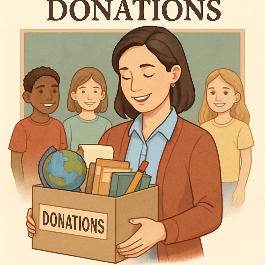 A teacher receiving classroom donations with students smiling in the background. The image represents community support in education. Teacher receiving classroom donations with students smiling, emphasizing teacher support and classroom donations.