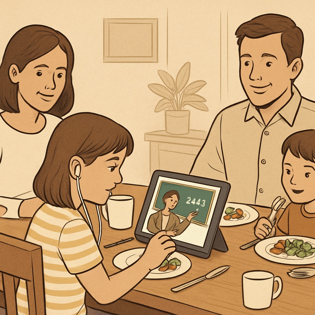 A family supporting their child in online learning through a public online school.