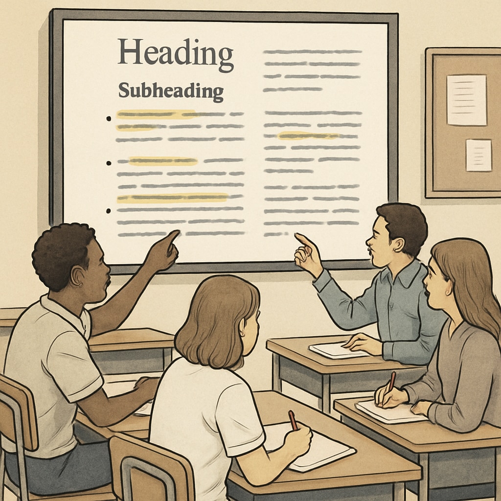 Students analyzing a text with highlighted keywords and structural elements to determine its purpose during a Functional English reading test. Students working on text analysis for Functional English reading tests.