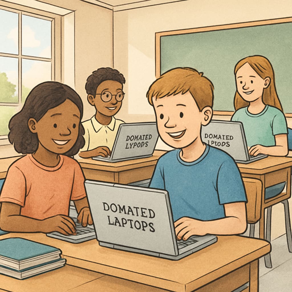A group of students using donated laptops in a brightly lit classroom. The image highlights the impact of community donations on education resources. Students using donated laptops in a classroom, showcasing the importance of education resources.