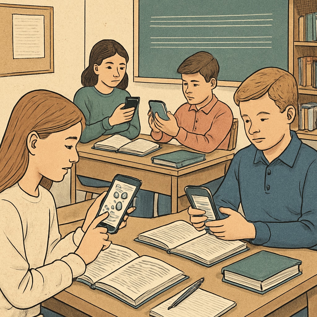 Students responsibly using phones in a classroom environment, showcasing potential for educational use. Students using phones responsibly in a classroom setting to access educational material.