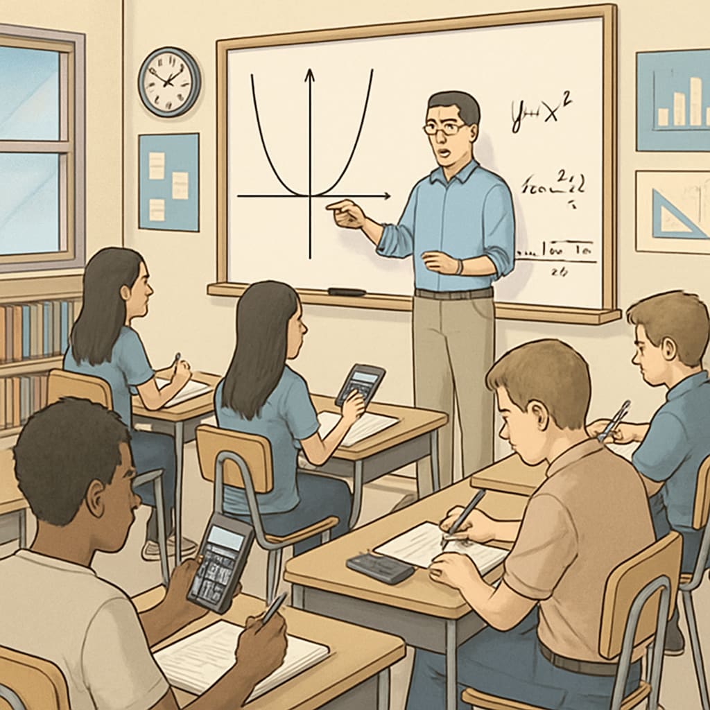 High school students engaged in math lesson with teacher explaining on whiteboard