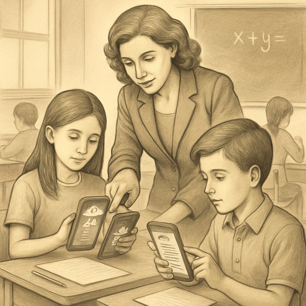 A teacher guiding students through an educational app during class, demonstrating productive phone usage. A teacher guiding students on using educational apps during class.