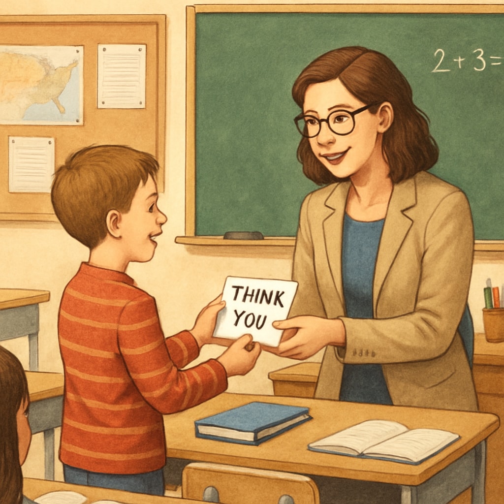 A teacher receiving a thank-you note from a student in a classroom setting. A teacher receiving a thank-you note, symbolizing student gratitude and emotional connection.