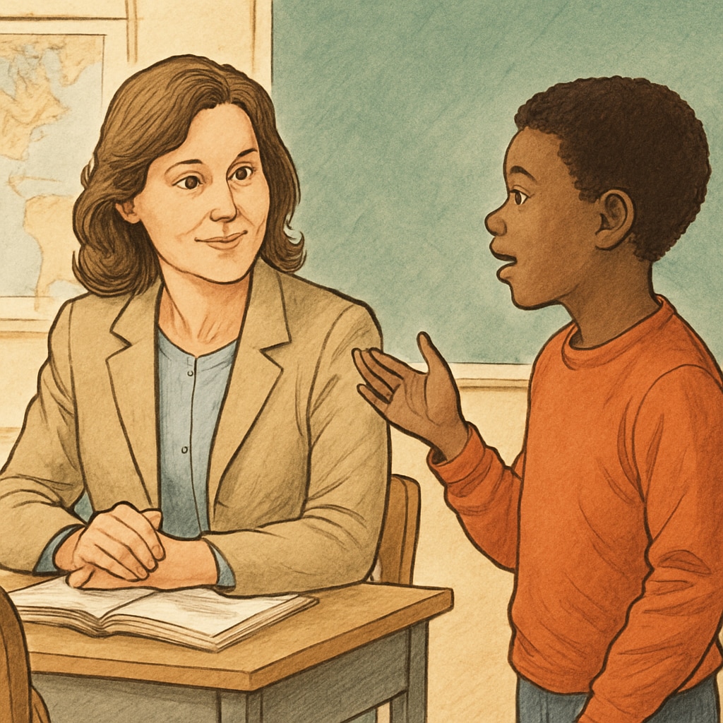 A teacher listening attentively to a student in a classroom, representing the importance of valuing student perspectives.