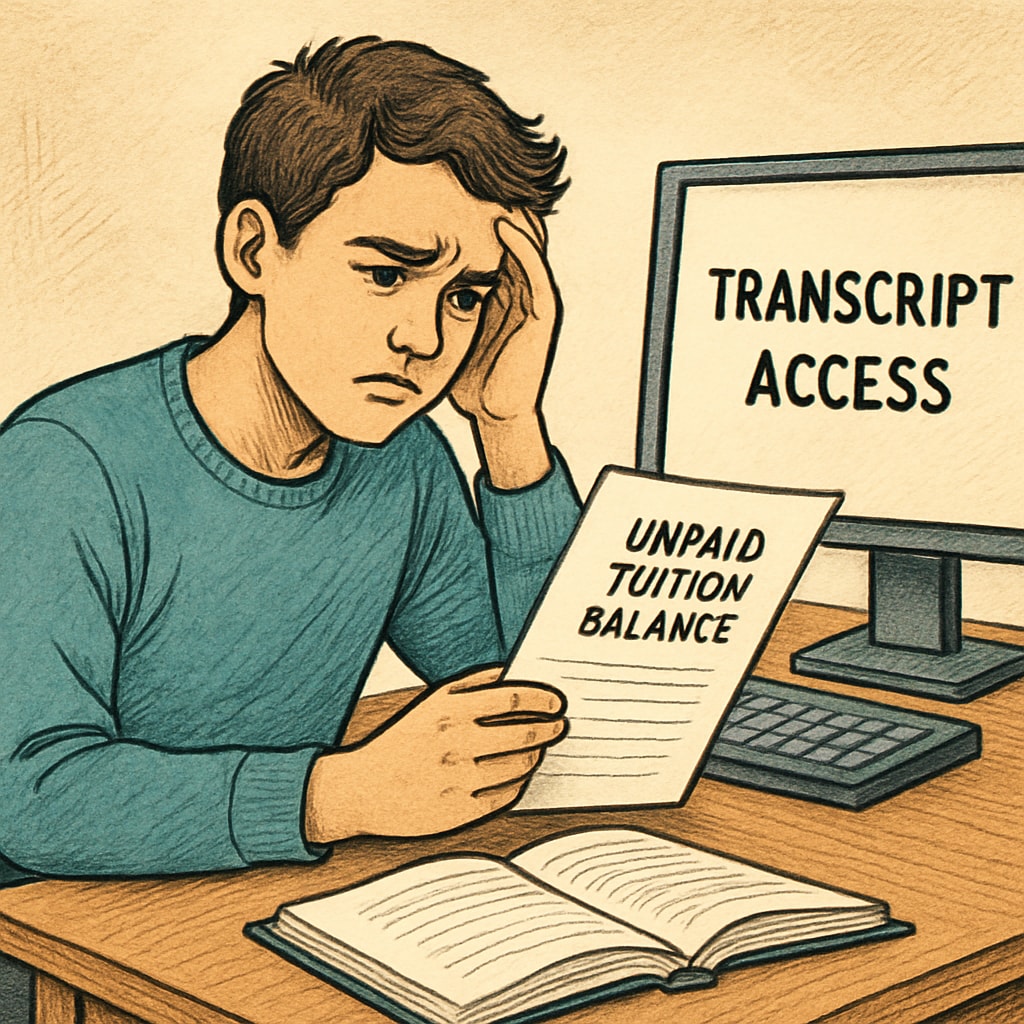 Student reviewing unpaid tuition balance and transcript access issues.